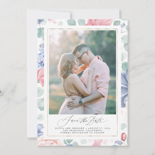 Dusty Pink Blue Floral Save The Date Photo Card