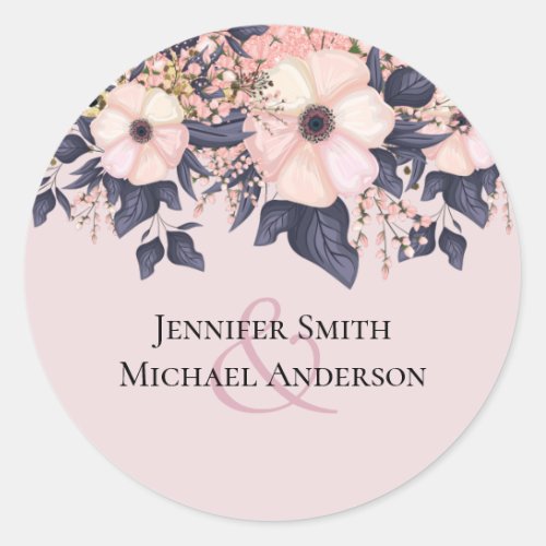 Dusty Pink Blue Floral Wedding Budget Classic Round Sticker