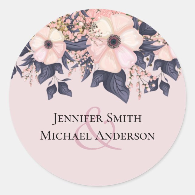 Dusty Pink Blue Floral Wedding Budget Classic Round Sticker (Front)