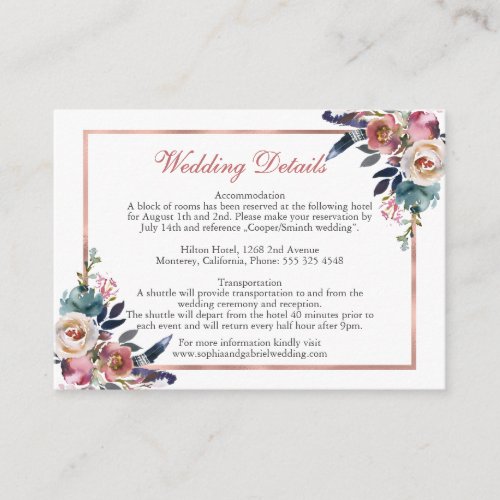 Dusty Pink Blue Floral Wedding Details Enclosure Card