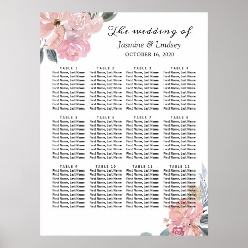 Dusty Pink Blue Floral Wedding Seating Chart