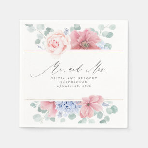 Dusty Pink Blue Flowers Elegant Botanical Mr & Mrs Napkins