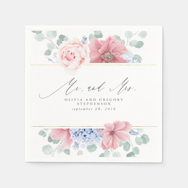 Dusty Pink Blue Flowers Elegant Botanical Mr & Mrs Napkins (Front)