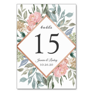 Dusty Pink Blue Green Foliage Rustic Wedding Table Number