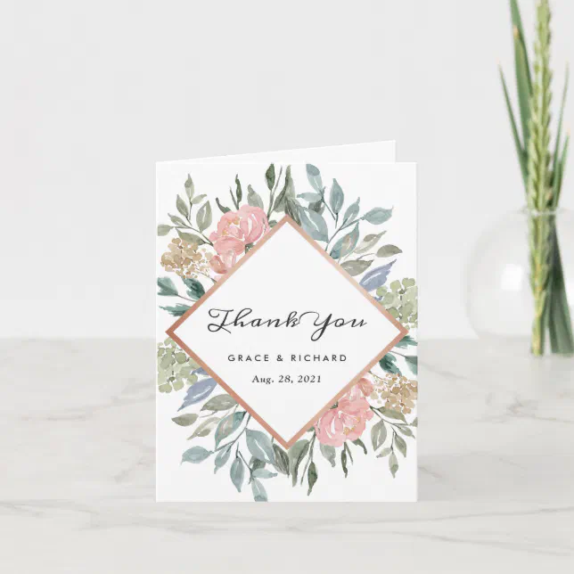 Dusty Pink Blue Green Rustic Wild Floral Wedding Thank You Card | Zazzle