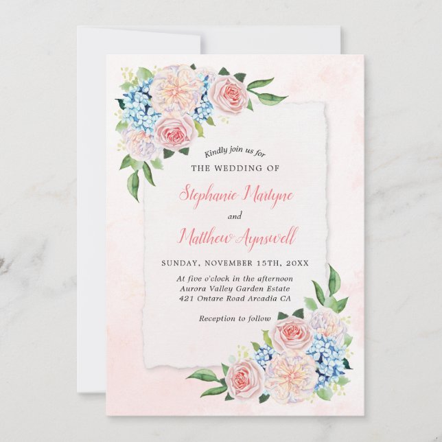 Dusty Pink Blue Hydrangea Floral Botanical Wedding Invitation (Front)