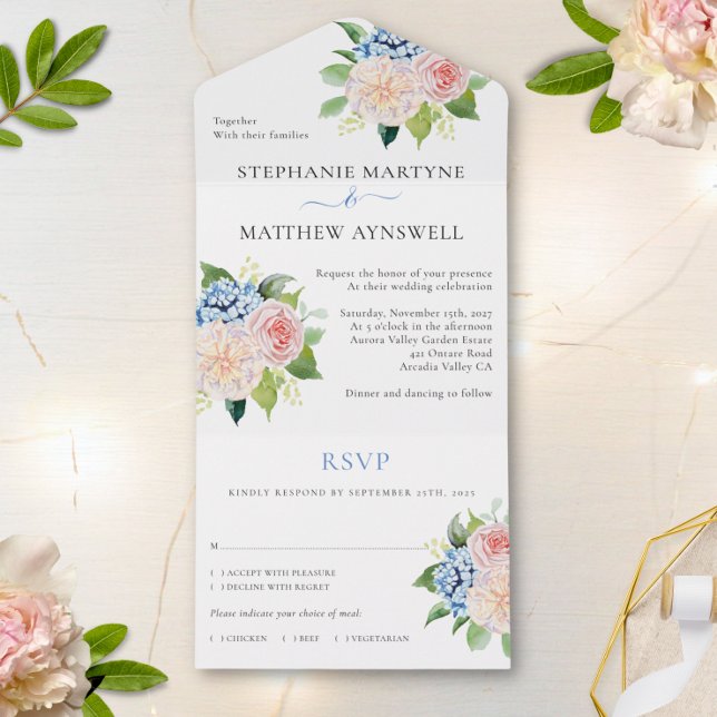Dusty Pink Blue Hydrangea Floral Wedding All In One Invitation