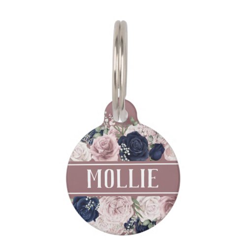 Dusty Pink Blue Roses Floral Name and Address Pet ID Tag