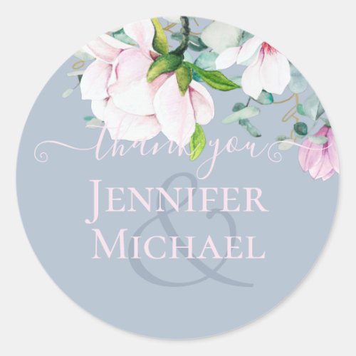 Dusty Pink Blue Sage Magnolias Eucalyptus ThankYou Classic Round Sticker