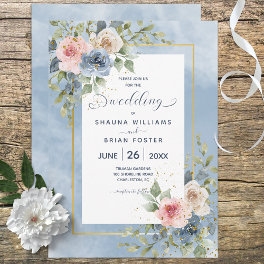 Dusty Pink Blue & White Roses Wedding Invitation