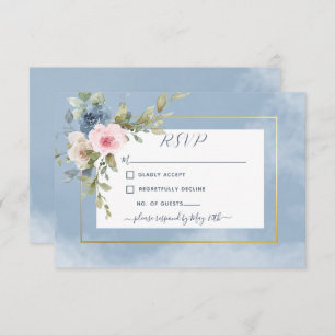 Dusty Pink Blue & White Roses Wedding RSVP Card