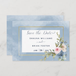 Dusty Pink Blue & White Roses Wedding Save The Date