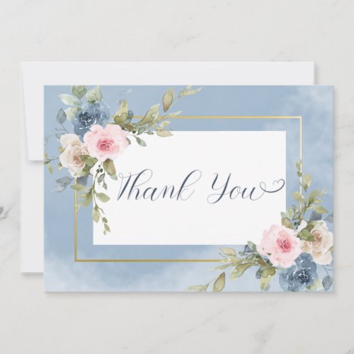 Dusty Pink Blue  White Roses Wedding Thank You Card
