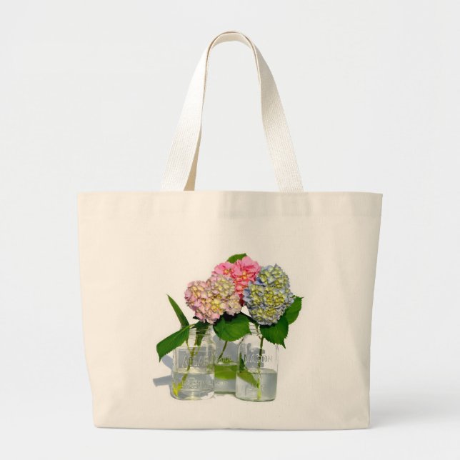 Dusty pink blue yellow green floral hydrangeas  large tote bag (Front)