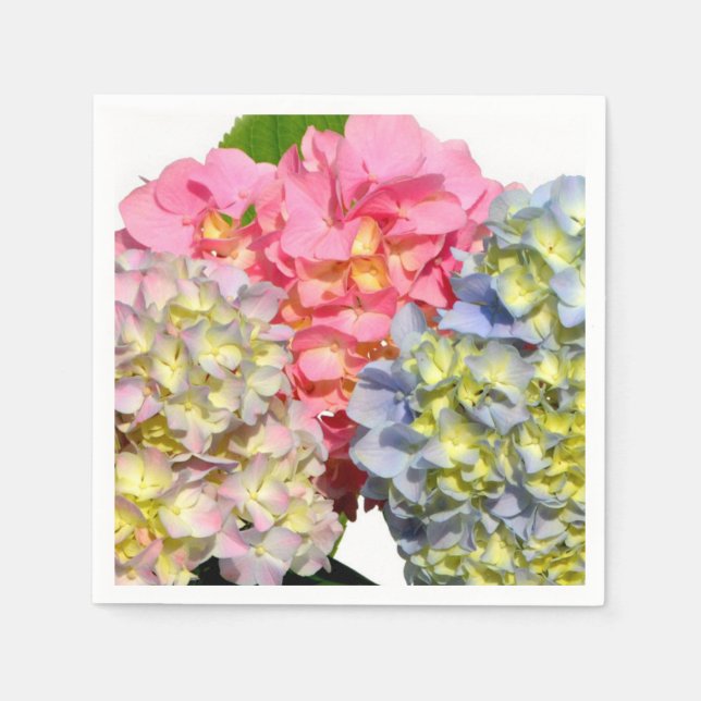 Dusty pink blue yellow green floral hydrangeas  paper napkins (Front)