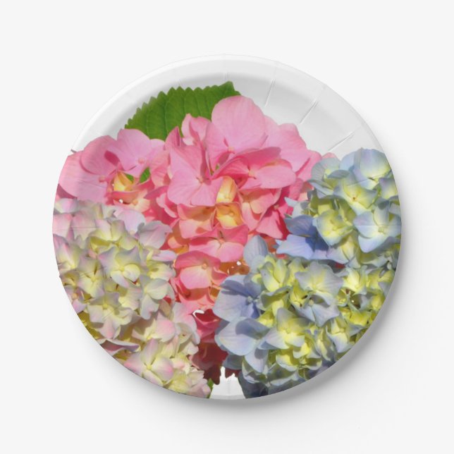 Dusty pink blue yellow green floral hydrangeas  paper plates (Front)