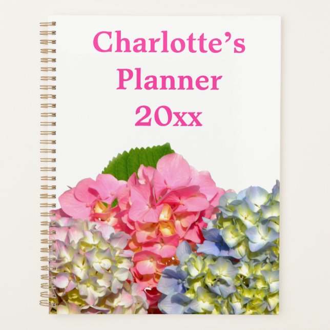 Dusty pink blue yellow green floral hydrangeas  planner (Front)