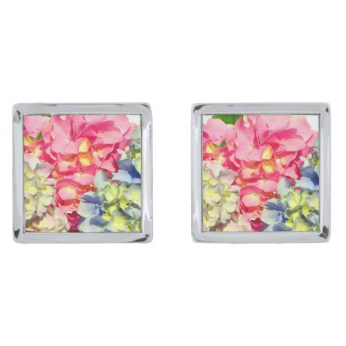 Dusty pink blue yellow green floral hydrangeas  silver cufflinks