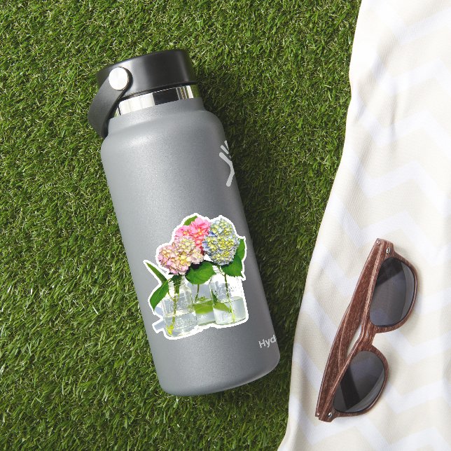 Dusty pink blue yellow green floral hydrangeas  sticker (HydroFlask Insitu)