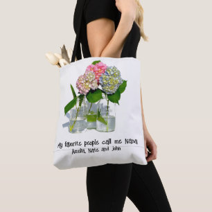 Dusty pink blue yellow green floral hydrangeas tote bag