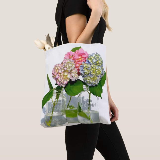 Dusty pink blue yellow green floral hydrangeas  tote bag (Close Up)