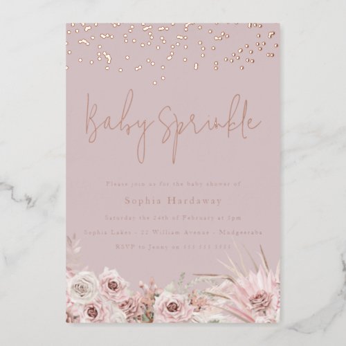 Dusty Pink Blush Baby Sprinkle Shower Rose Gold Foil Invitation