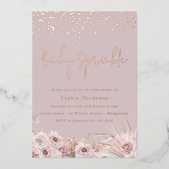Dusty Pink Blush Baby Sprinkle Shower Rose Gold Foil Invitation (Front)