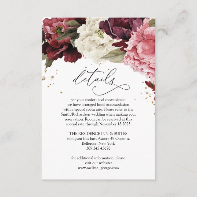 Dusty pink blush burgundy maroon peonies flowers  enclosure card (Front)