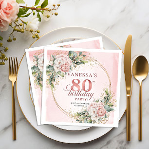 Dusty Pink Blush Floral 80th Birthday Napkins
