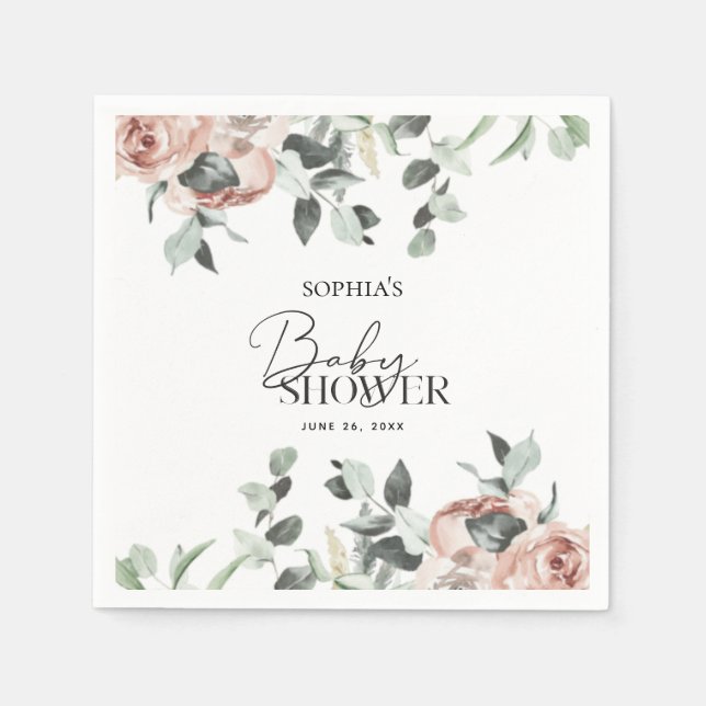 Dusty Pink Blush Floral Eucalyptus Baby Shower Napkins (Front)