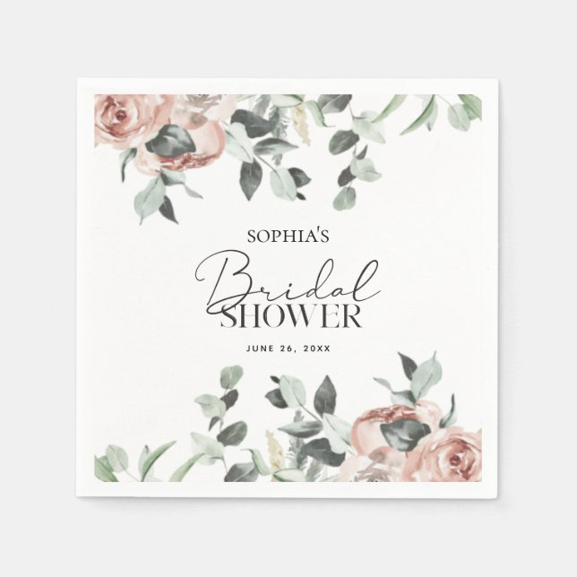 Dusty Pink Blush Floral Eucalyptus Bridal Shower Napkins (Front)