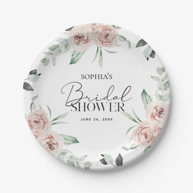 Dusty Pink Blush Floral Eucalyptus Bridal Shower Paper Plates (Front)