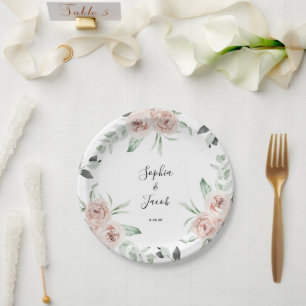 Dusty Pink Blush Floral Eucalyptus Wedding Paper Plates