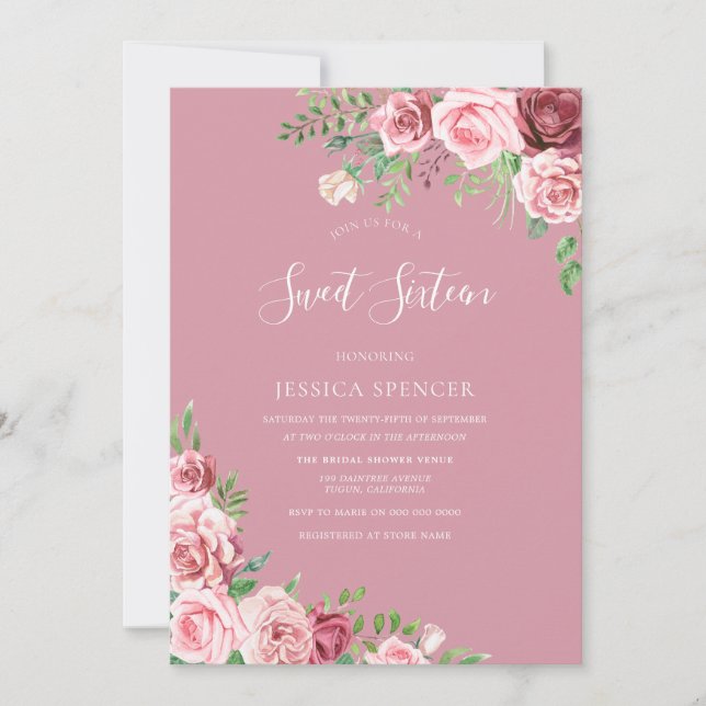 Dusty Pink Blush Flowers Sweet 16 invite (Front)