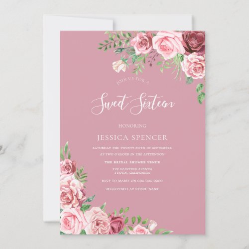 Dusty Pink Blush Flowers Sweet 16 invite