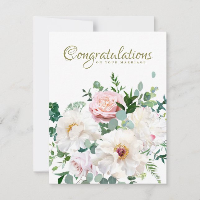 Dusty Pink Blush Rose White Creamy Peony Wedding Note Card (Front)