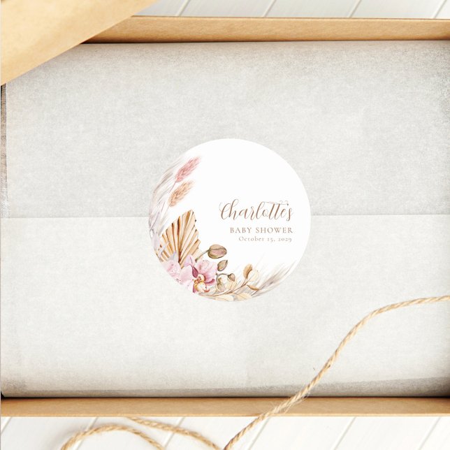 Dusty Pink Bohemian Pampas Grass | Baby Shower  Classic Round Sticker (Creator Uploaded)