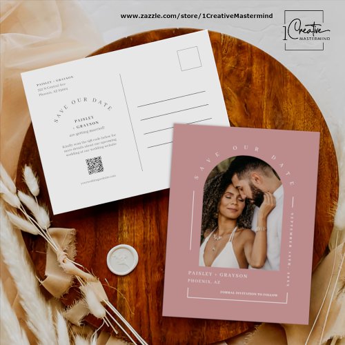 Dusty Pink Boho Arch Photo QR Code Save Our Date Postcard