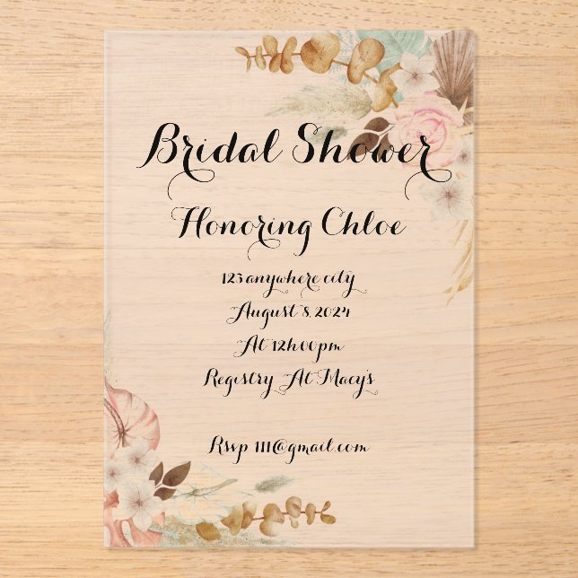 Dusty Pink boho chic bridal shower  Acrylic Invitations (Front)