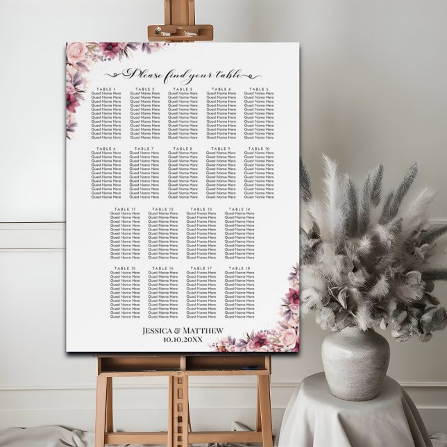 Dusty Pink Boho Floral 18 Tables Wedding Seating Foam Board (Creator Uploaded)