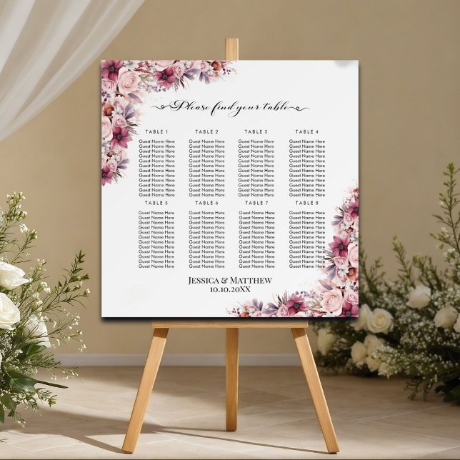 Dusty Pink Boho Floral 8 Tables Wedding Seating Foam Board (Creator Uploaded)
