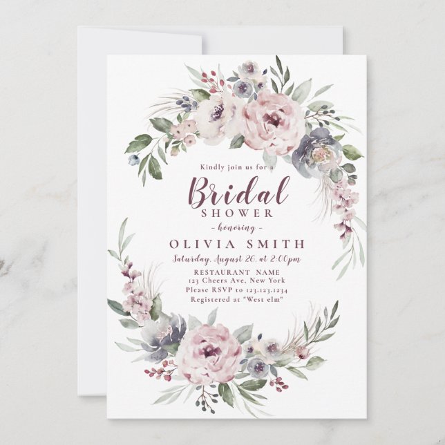 Dusty pink boho floral bridal shower invitation (Front)