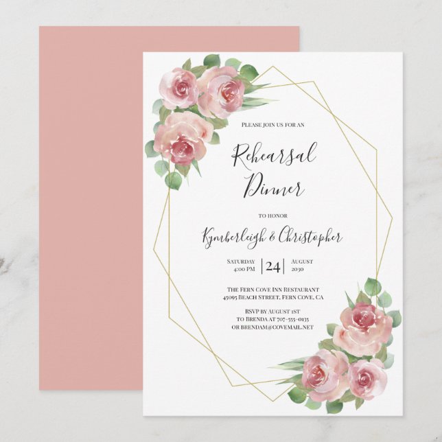 Dusty Pink Boho Floral Geometric Rehearsal Dinner  Invitation (Front/Back)
