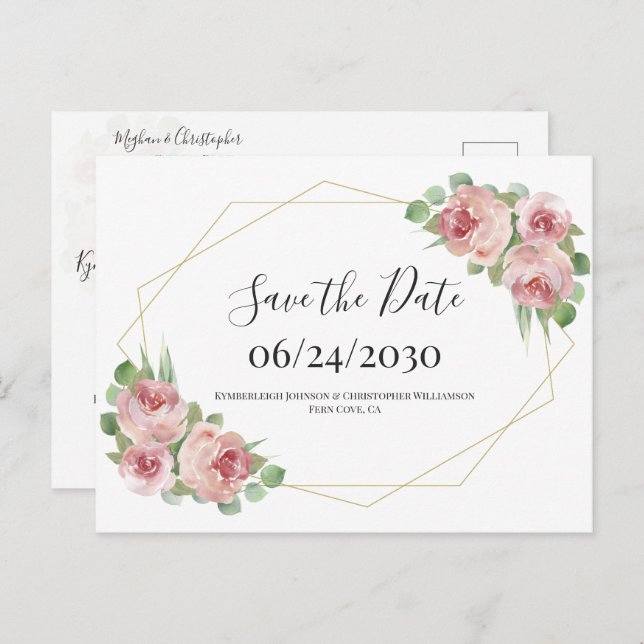 Dusty Pink Boho Floral Geometric Save the Date Postcard (Front/Back)