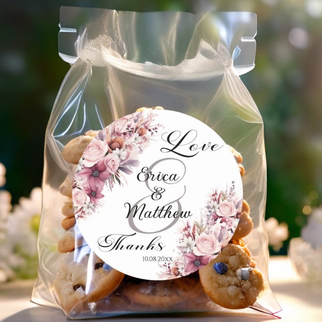 Dusty Pink Boho Floral Modern Script Wedding Classic Round Sticker (Creator Uploaded)