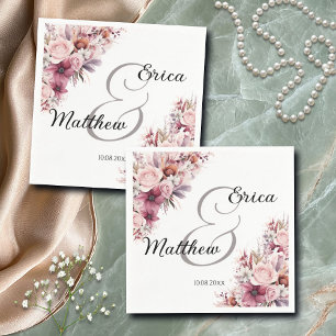 Dusty Pink Boho Floral Modern Script Wedding Napkins