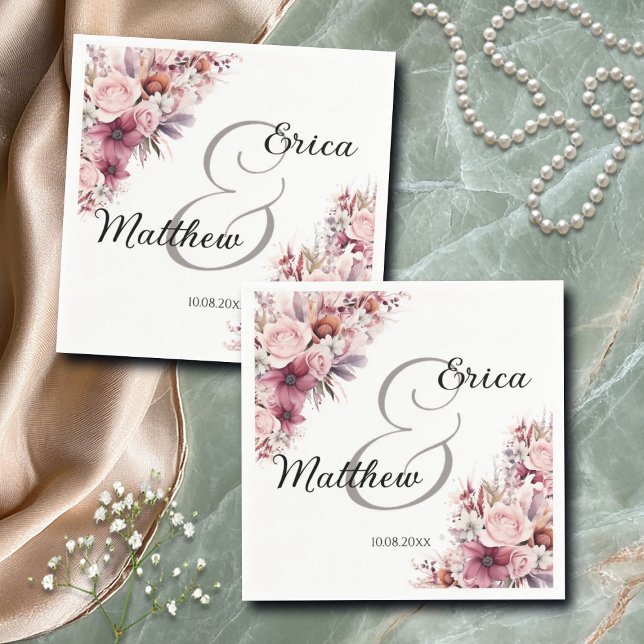 Dusty Pink Boho Floral Modern Script Wedding Napkins (Creator Uploaded)