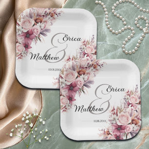 Dusty Pink Boho Floral Modern Script Wedding Paper Plates