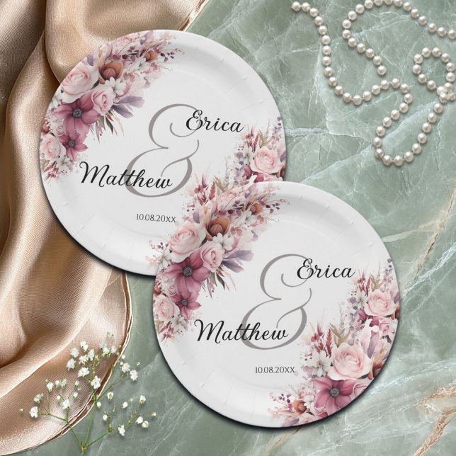 Dusty Pink Boho Floral Modern Script Wedding Paper Plates (Creator Uploaded)