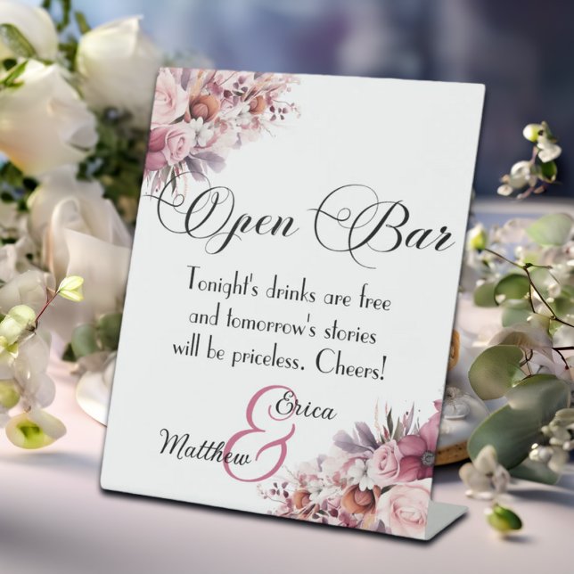 Dusty Pink Boho Floral Open Bar Wedding Pedestal Sign (Creator Uploaded)